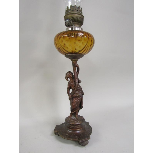 1247 - ART NOUVEAU CAST FIGURATIVE OIL LAMP, WITH GLASS FONT AND FUNNEL, 68CM H