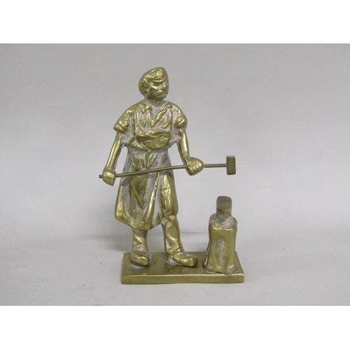 1267 - BRASS MINERS ORNAMENT ON WOODEN BASE, 33CM W; FIGURE