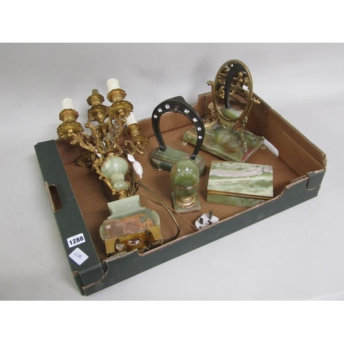 1288 - BOX OF ONYX ITEMS TO INCL FRENCH ONYX AND ORMOLU TABLE LAMP, 51CM L