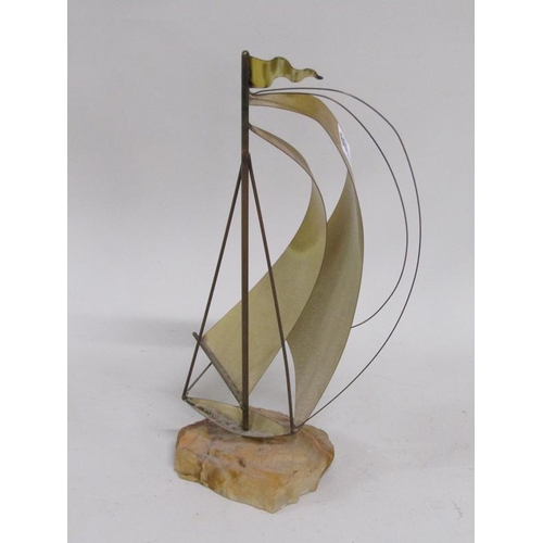 1309 - BRASS MARBLE BASED YACHT SCUPLTURE SIGNED, 35.5CM H