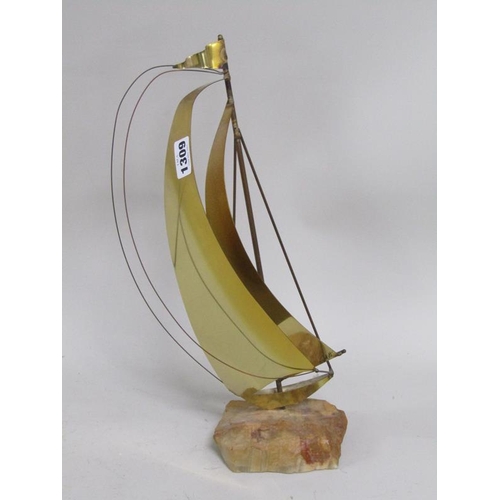 1309 - BRASS MARBLE BASED YACHT SCUPLTURE SIGNED, 35.5CM H