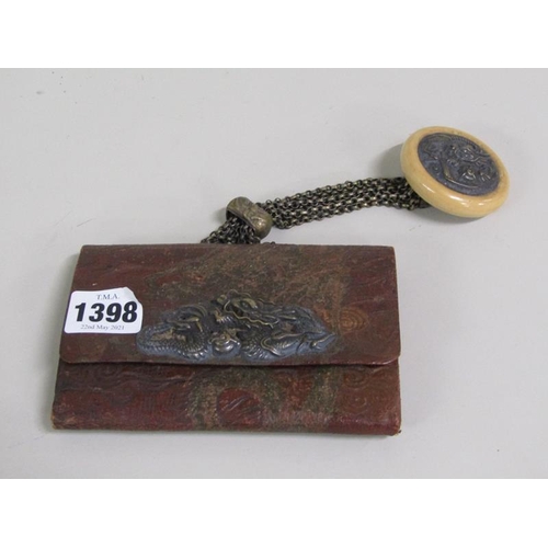 1398 - EARLY 20c ORIENTAL LEATHER PURSE WITH DRAGON MOUNTS TOGETHER WITH TOGGLE