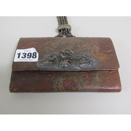 1398 - EARLY 20c ORIENTAL LEATHER PURSE WITH DRAGON MOUNTS TOGETHER WITH TOGGLE