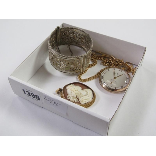 1399 - PRESENTATION GARRARDS GENTS WATCH, A CAMEO PENDANT BROOCH AND GILT METAL CHAIN AND FILIGREE BRACELET