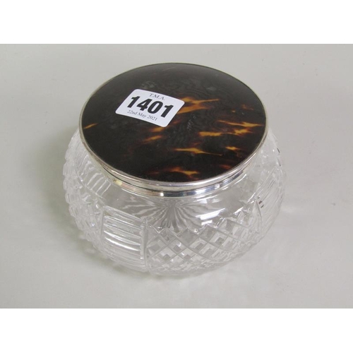 1401 - CUT GLASS POWDER POT WITH SILVER FAUX TORTOISESHELL DOMED COVER 12cms DIA