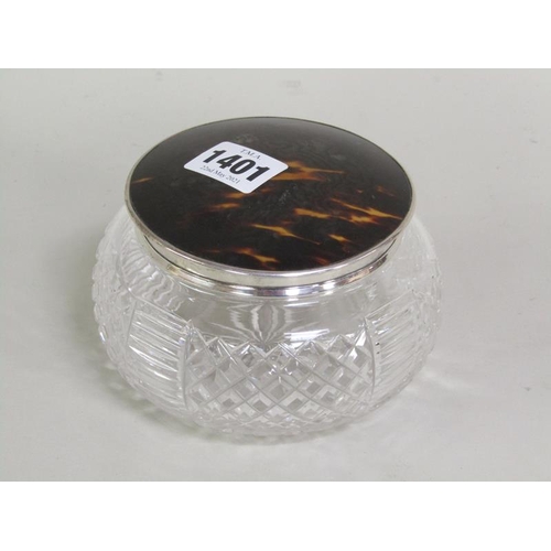 1401 - CUT GLASS POWDER POT WITH SILVER FAUX TORTOISESHELL DOMED COVER 12cms DIA