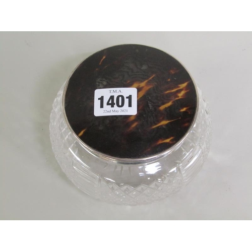 1401 - CUT GLASS POWDER POT WITH SILVER FAUX TORTOISESHELL DOMED COVER 12cms DIA