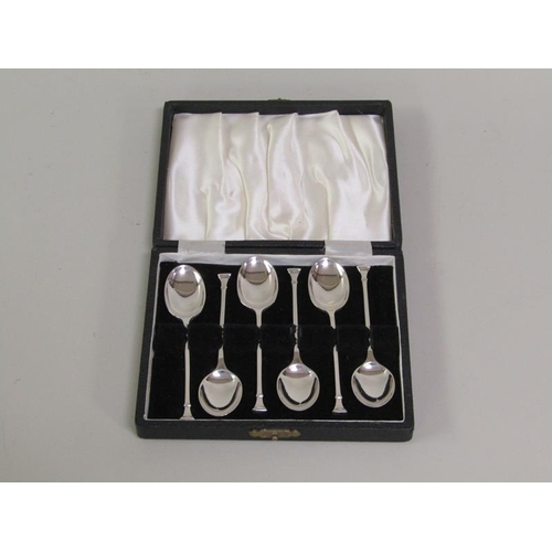 1410 - BOX SET OF SIX SILVER SEAL TOP COFFEE SPOONS TOGETHER WITH A SILVER SMALL SLICE AND ONE BUTTER KNIFE... 