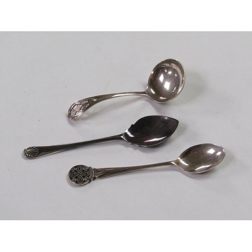 1414 - SILVER SMALL LADLE, SILVER PRESERVE SPOON AND A SINGLE SOUVENIER SPOON