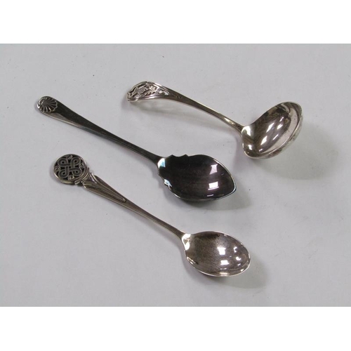 1414 - SILVER SMALL LADLE, SILVER PRESERVE SPOON AND A SINGLE SOUVENIER SPOON