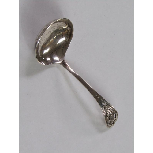 1414 - SILVER SMALL LADLE, SILVER PRESERVE SPOON AND A SINGLE SOUVENIER SPOON