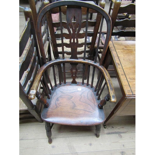 1863 - 19c WINDSOR ASH AND ELM HOOP SPINDLEBACK ARMCHAIR WITH CRINOLINE STRETCHER (IN NEED OF 3 SPINDLES)