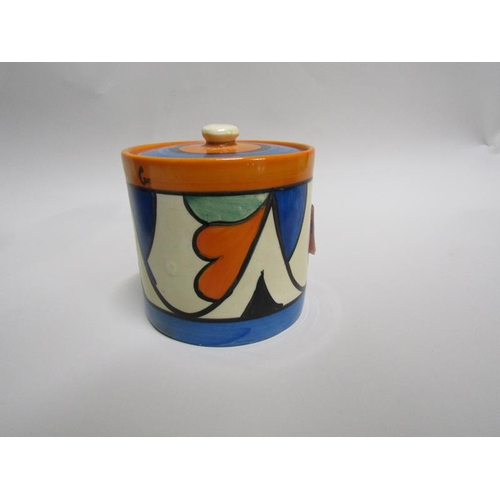 1616 - ART DECO CLARICE CLIFF BIZZARE PRESERVE POT AND COVER, 10.5CM H, SMALL CHIP ON UNDERSIDE OF COVER; D... 