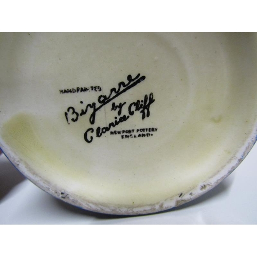 1616 - ART DECO CLARICE CLIFF BIZZARE PRESERVE POT AND COVER, 10.5CM H, SMALL CHIP ON UNDERSIDE OF COVER; D... 