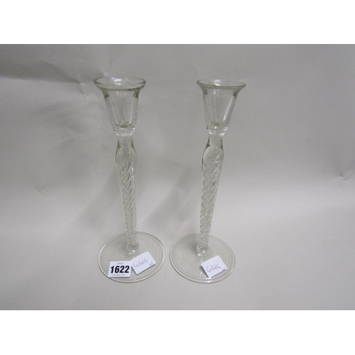 1622 - PAIR OF GLASS CANDLESTICKS WITH AIR TWIST STEMS, 24.5CM H