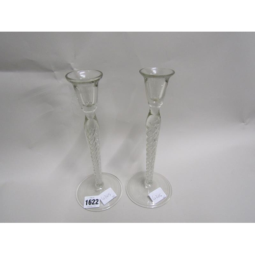 1622 - PAIR OF GLASS CANDLESTICKS WITH AIR TWIST STEMS, 24.5CM H