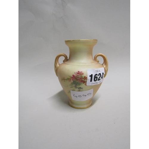 1624 - ROYAL WORCESTER BLUSH IVORY TWO HANDLED VASE WITH FLORAL DECORATION, 9.5CM H