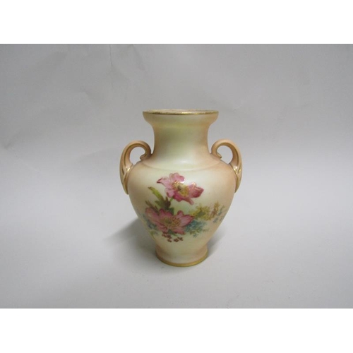 1624 - ROYAL WORCESTER BLUSH IVORY TWO HANDLED VASE WITH FLORAL DECORATION, 9.5CM H