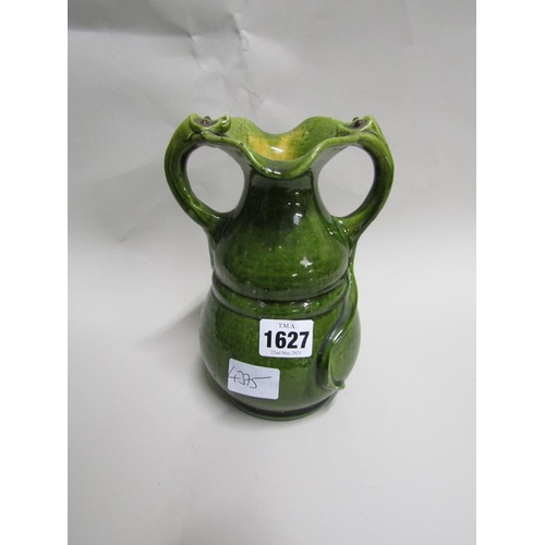 1627 - EARLY 20C ART NOUVEAU GREEN GLAZED TWO HANDLED VASE WITH LIZARD HANDLES, 19CM H