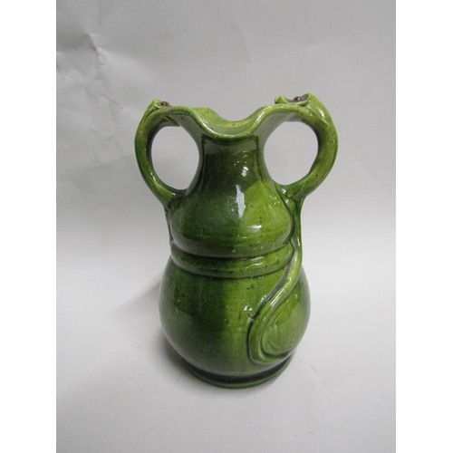 1627 - EARLY 20C ART NOUVEAU GREEN GLAZED TWO HANDLED VASE WITH LIZARD HANDLES, 19CM H