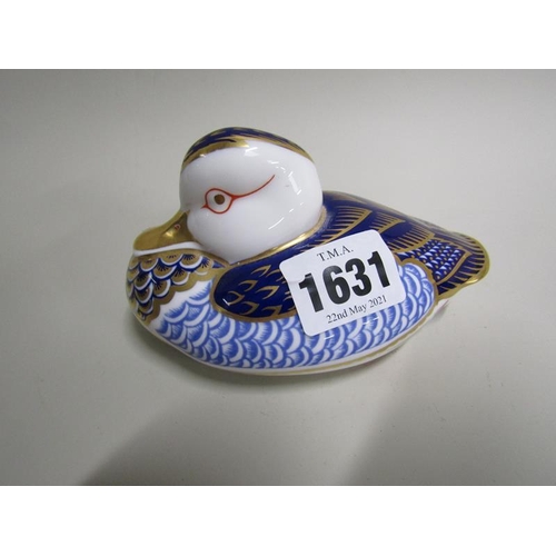 1631 - ROYAL CROWN DERBY DUCK PAPERWEIGHT, SILVER STOPPER, 12CM L