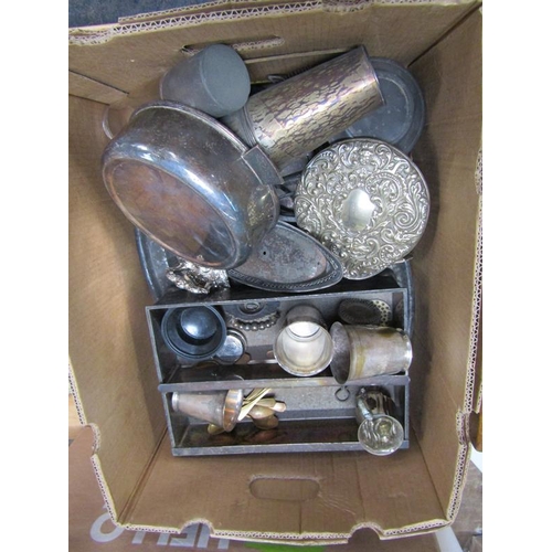 1598 - BOX OF MISC. ITEMS OF SILVER PLATE INC. EGG CODDLER, COCKTAIL SHAKER ETC.