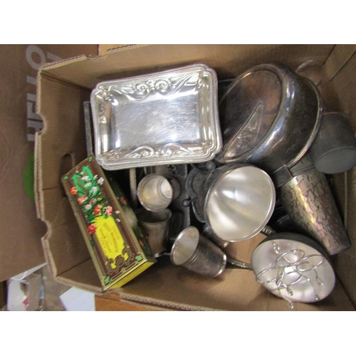 1598 - BOX OF MISC. ITEMS OF SILVER PLATE INC. EGG CODDLER, COCKTAIL SHAKER ETC.