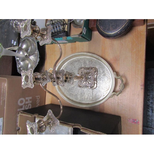 1599 - OVAL GALLERIED PLATED TWO HANDLED TRAY TOGETHER WITH A TWO BRANCH CANDELABRA