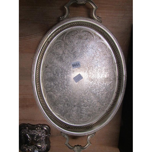 1599 - OVAL GALLERIED PLATED TWO HANDLED TRAY TOGETHER WITH A TWO BRANCH CANDELABRA