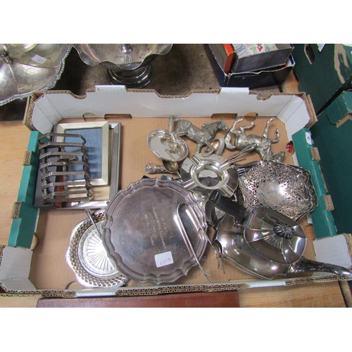 1600 - BOX OF MISC. ITEMS OF SILVER PLATE INC. TWO HORSE FIGURES AND A COFFEE POT