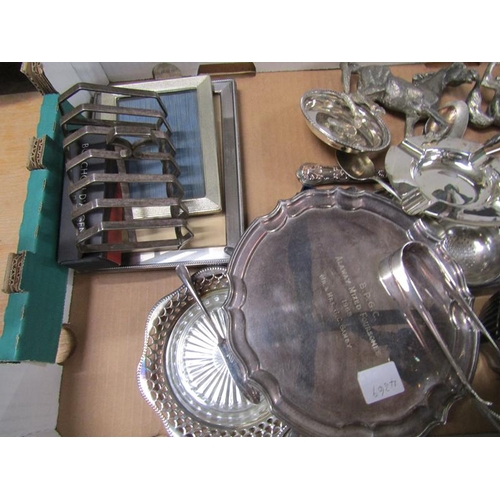 1600 - BOX OF MISC. ITEMS OF SILVER PLATE INC. TWO HORSE FIGURES AND A COFFEE POT