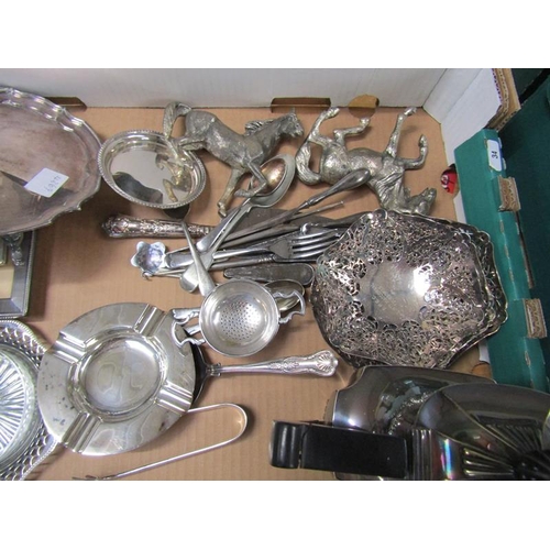 1600 - BOX OF MISC. ITEMS OF SILVER PLATE INC. TWO HORSE FIGURES AND A COFFEE POT