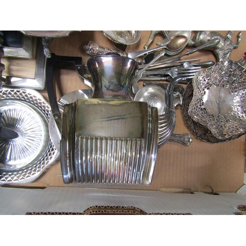 1600 - BOX OF MISC. ITEMS OF SILVER PLATE INC. TWO HORSE FIGURES AND A COFFEE POT