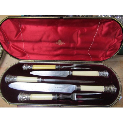 1601 - ELKINGTON FIVE PIECE BONE HANDLED CARVING SET TOGETHER WITH A SIX PIECE FISH KNIFE AND FORK CANTEEN