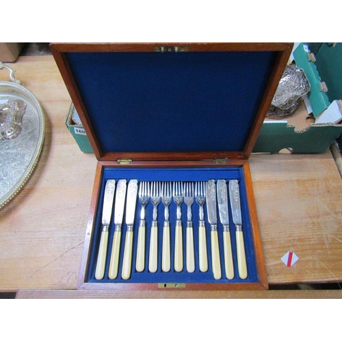 1601 - ELKINGTON FIVE PIECE BONE HANDLED CARVING SET TOGETHER WITH A SIX PIECE FISH KNIFE AND FORK CANTEEN