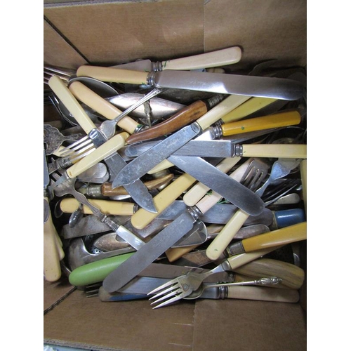 1603 - BOX OF MIXED PLATED AND OTHER CUTLERY