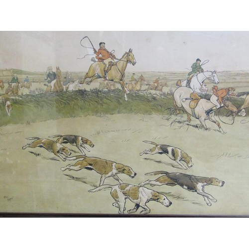 1122 - CECIL ALDIN - PAIR OF COLOURED HUNTING PRINTS, F/G, 36CM X 64CM