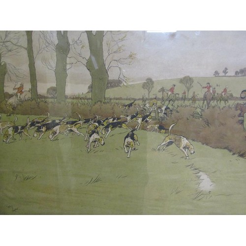 1122 - CECIL ALDIN - PAIR OF COLOURED HUNTING PRINTS, F/G, 36CM X 64CM