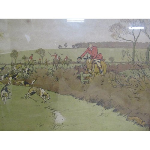 1122 - CECIL ALDIN - PAIR OF COLOURED HUNTING PRINTS, F/G, 36CM X 64CM