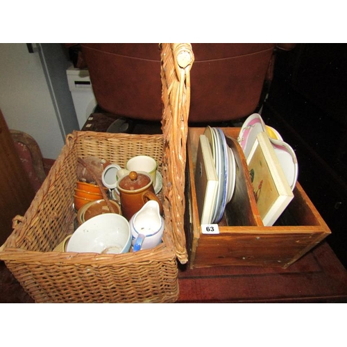 63 - BATTERY CHARGER, WICKER HAMPER & CONTENTS, PLATES ETC.