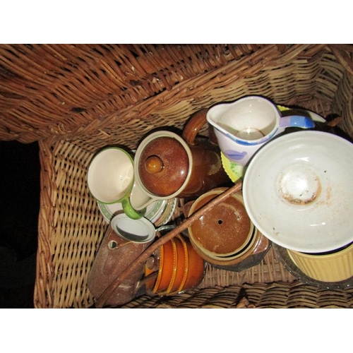 63 - BATTERY CHARGER, WICKER HAMPER & CONTENTS, PLATES ETC.