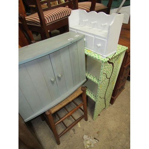 104 - STOOL, PAINTED CUPBOARD, SMALL KITCHEN CUPBOARDS ETC.