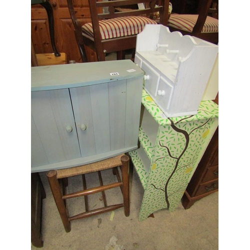 104 - STOOL, PAINTED CUPBOARD, SMALL KITCHEN CUPBOARDS ETC.