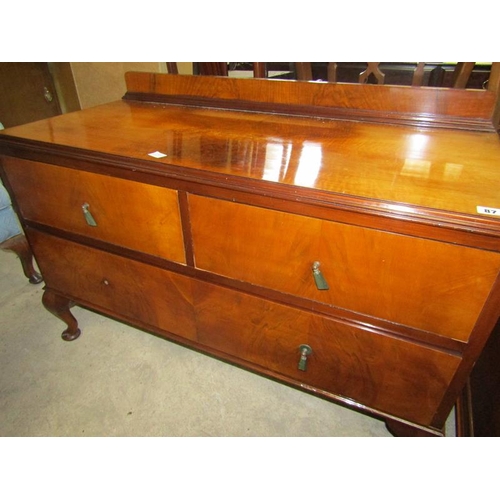 87 - 1930s WALNUT VENEERED CHEST OF TWO SHORT AND ONE LONG DRAER