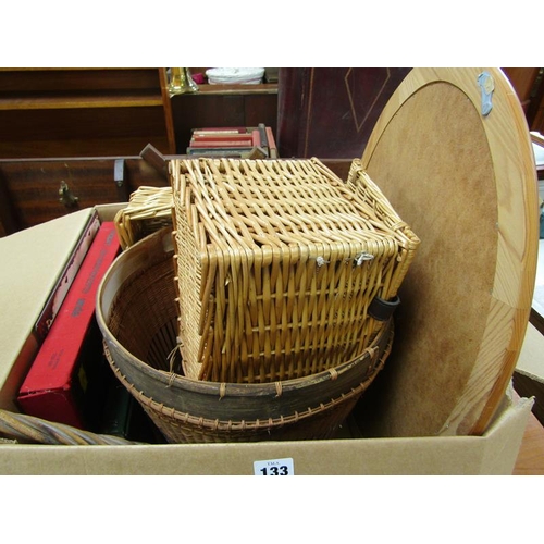 133 - BOX OF WICKER BASKETS, MIRROR ETC.