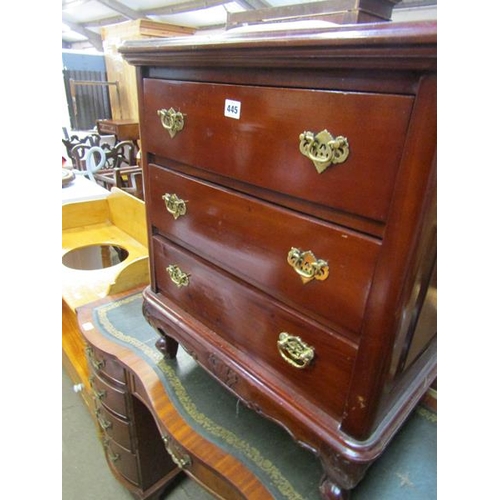 445 - MAHOGANY THREE DRAWER CHEST