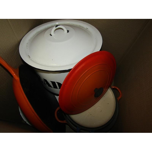 508 - LES CRUESET PANS; BREAD BIN