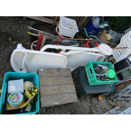 790 - LARGE QTY OF MISC. GARDEN ITEMS ; POTS, STEP LADDERS, TOOLS, STACKING CHAIRS ETC.