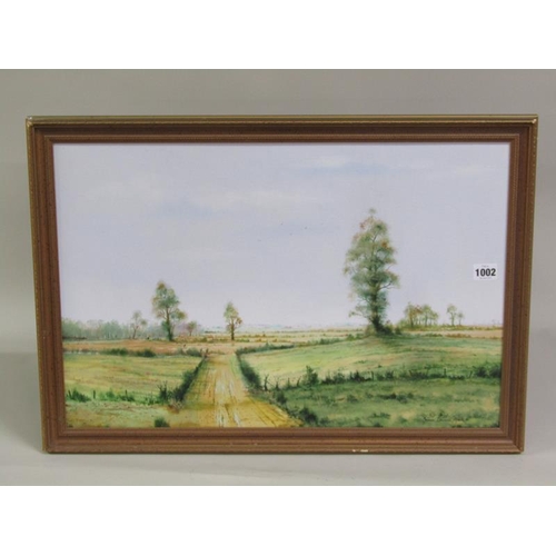 1002 - SIMON DEVERILL ATACK - EXPANSIVE FARMING LANDSCAPE, OIL ON BOARD. FRAMED 58 x 40CMS