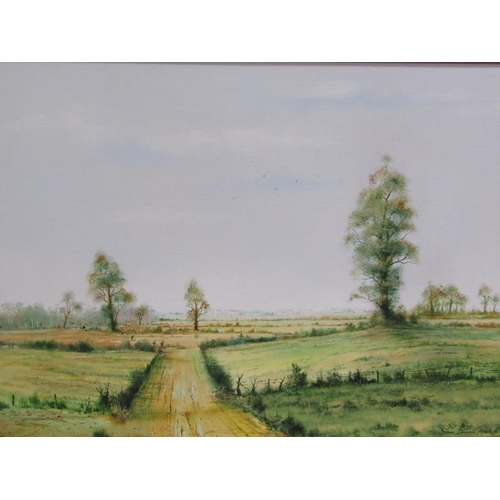 1002 - SIMON DEVERILL ATACK - EXPANSIVE FARMING LANDSCAPE, OIL ON BOARD. FRAMED 58 x 40CMS